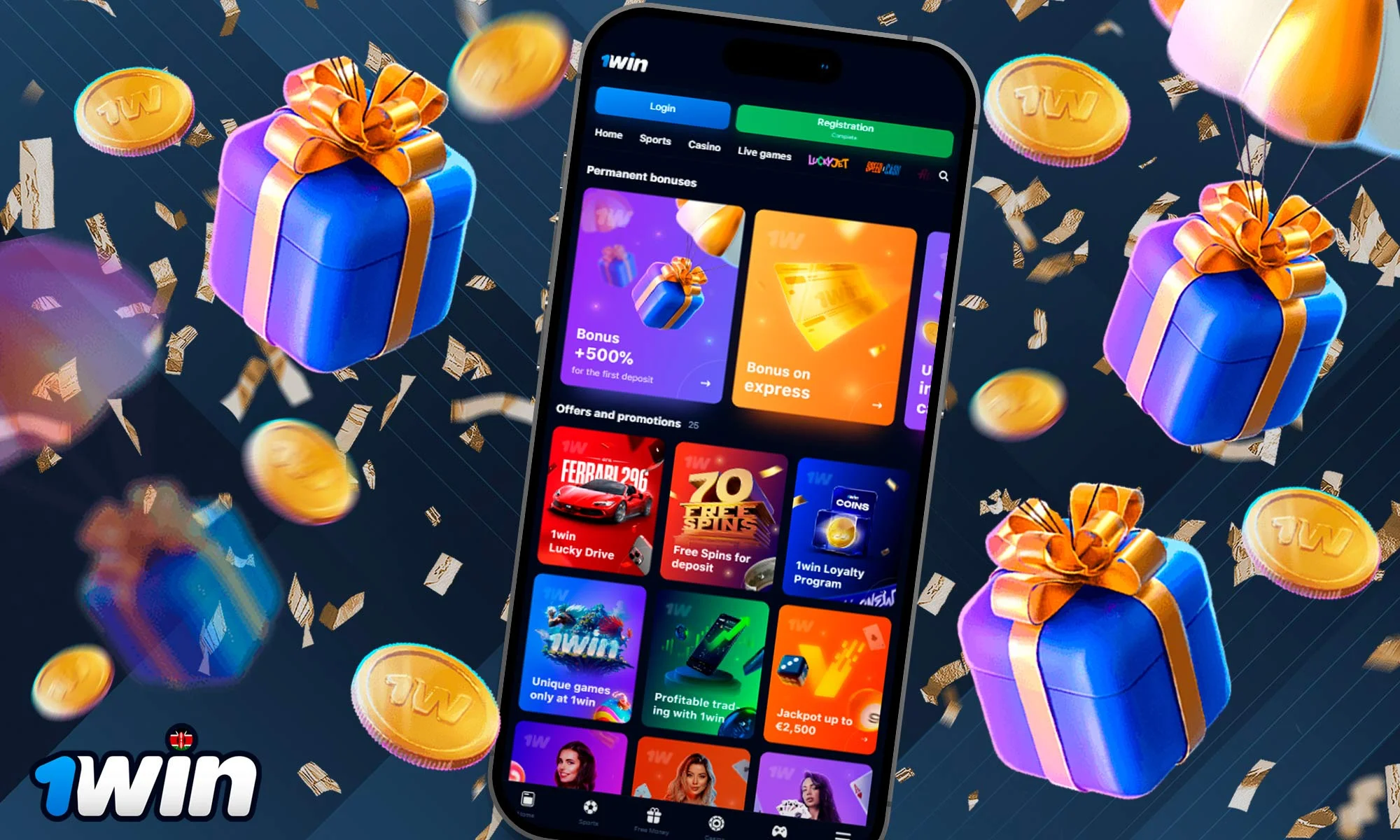 What bonuses and promotions are available on the 1Win Kenya app?