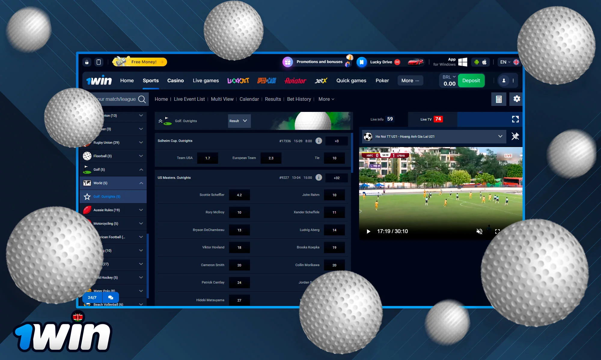 Golf betting information on 1Win